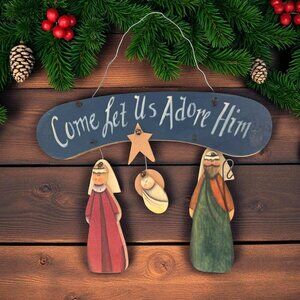 VTG Painted Wood Nativity Come Let Us Adore Him Primitive Folk Art Wall Hanging